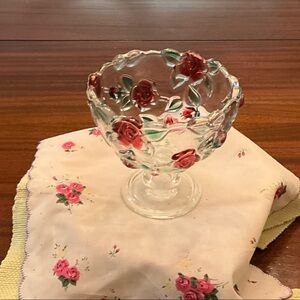Rose Embellished Glass Pedestal Bowl